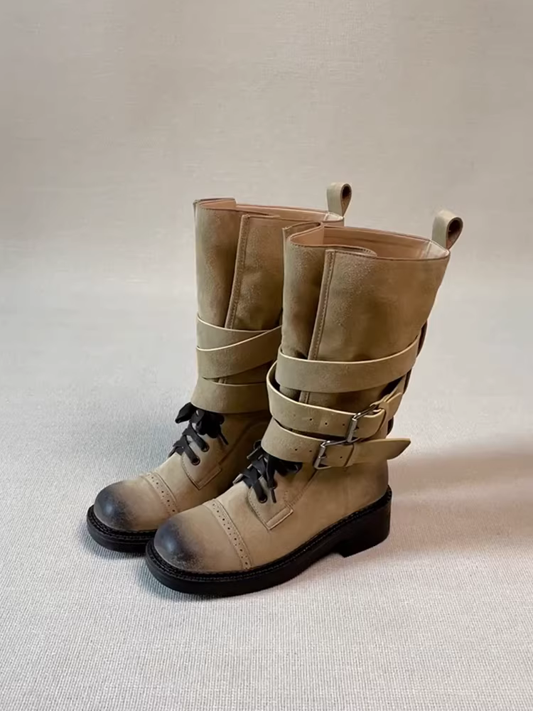 Phiên bản da cừu ~ Giày bốt đi xe máy bằng da thật kiểu retro, thoải mái và sành điệu dành cho nữ, có khóa thắt lưng, gót dày đến giữa bắp chân