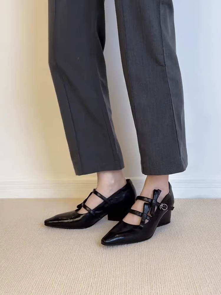 Phiên bản da cừu ~ Giày da đi làm phong cách cổ điển dành cho nữ, mũi nhọn màu đen, quai đơn có nơ, giày Mary Jane