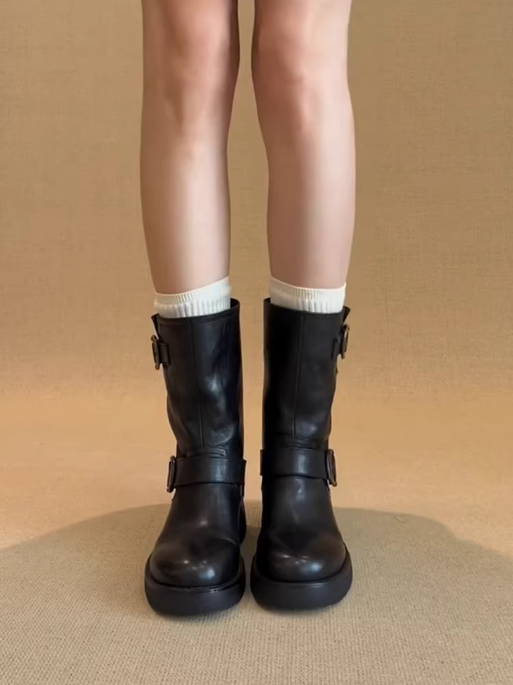 Phiên bản da bò ~ Giày bốt da thật màu đen đa năng dành cho nữ có khóa thắt lưng, giày bốt Martin đế dày kiểu đường phố cổ điển giúp thon gọn dáng người