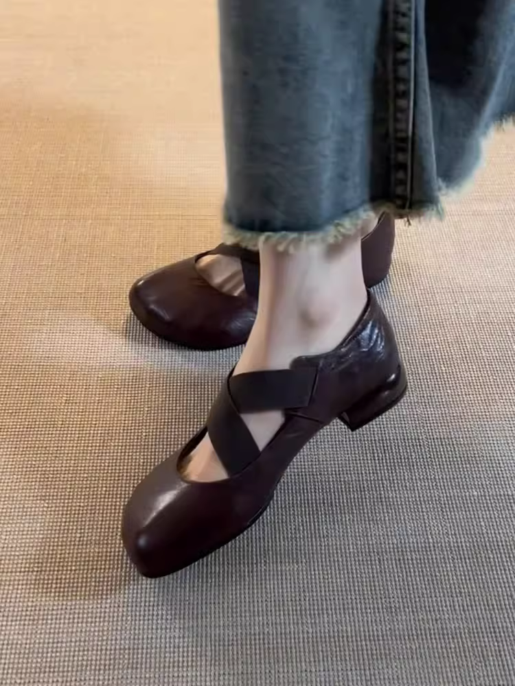 Phiên bản da cừu ~ giày ba lê quai ngang mũi tròn, da thật, giày đế bằng cổ điển nghệ thuật, giày Mary Jane nữ