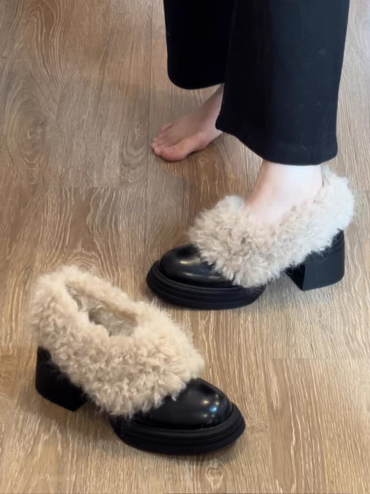 Phiên bản da bò ~ Giày lông đế dày dành cho nữ, giày lười da thật cổ điển, giày cao gót đa năng bằng len cừu, giày cotton ấm áp