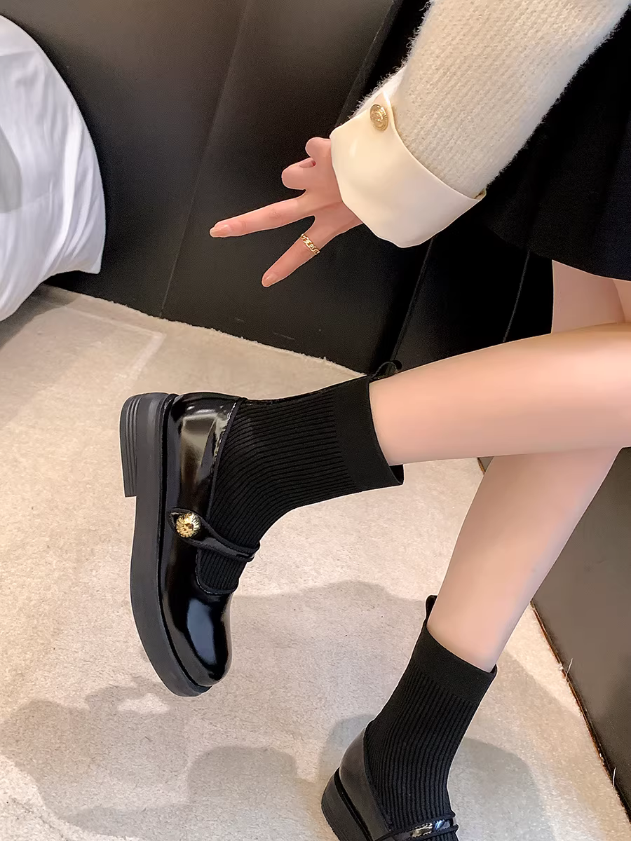 Giày bốt nữ, bốt dệt kim dáng ôm, bốt đế bằng da thật, bốt ngắn mùa xuân thu, bốt Martin màu nâu, bốt kiểu Mary Jane.