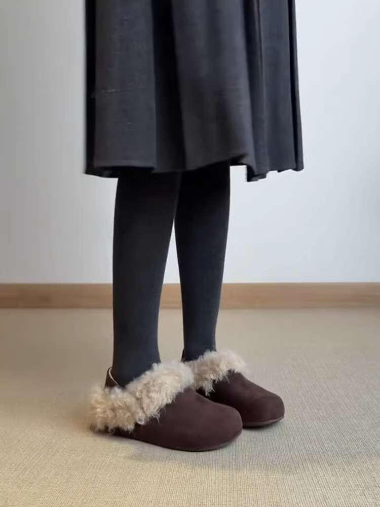 Phiên bản da cừu ~ Giày Birkenstock hai chiều, kiểu dáng cổ điển, chất liệu da lộn, đế dày, lót lông mềm mại, giày cotton thời trang, phong cách giản dị dành cho nữ.