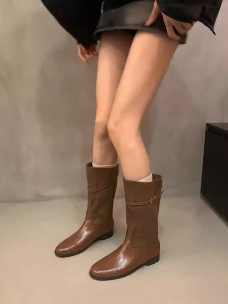 Phiên bản da bò ~ Giày bốt cao đến giữa bắp chân bằng da thật cổ điển dành cho nữ, Giày bốt ngắn đi xe máy có khóa thắt lưng phong cách Anh, Giày bốt kiểu phương Tây