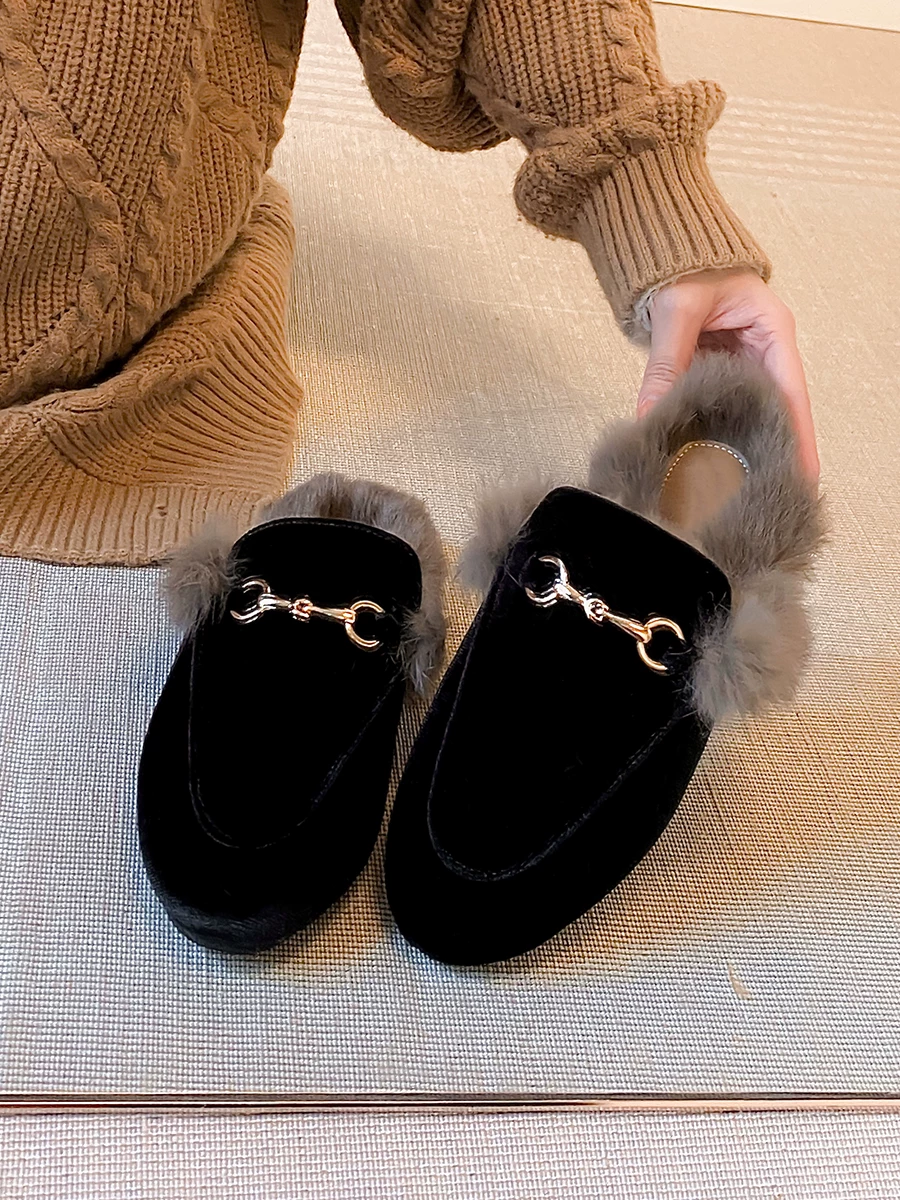 Phiên bản da bò ~ Giày Birkenstock lười đi bằng lông thú dành cho nữ, phong cách cổ điển, lót lông cừu, đi ngoài trời, dép nửa ấm áp, giày cotton kín mũi.