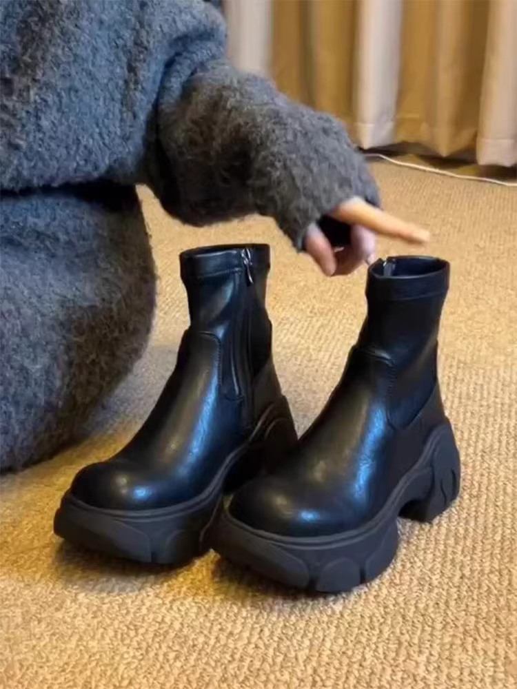 Phiên bản da bò ~ Giày bốt bố đế dày cỡ nhỏ dành cho nữ, giày bốt Martin da thật đế dày kiểu cổ điển tăng chiều cao, giày bốt ngắn có khóa kéo thon gọn.