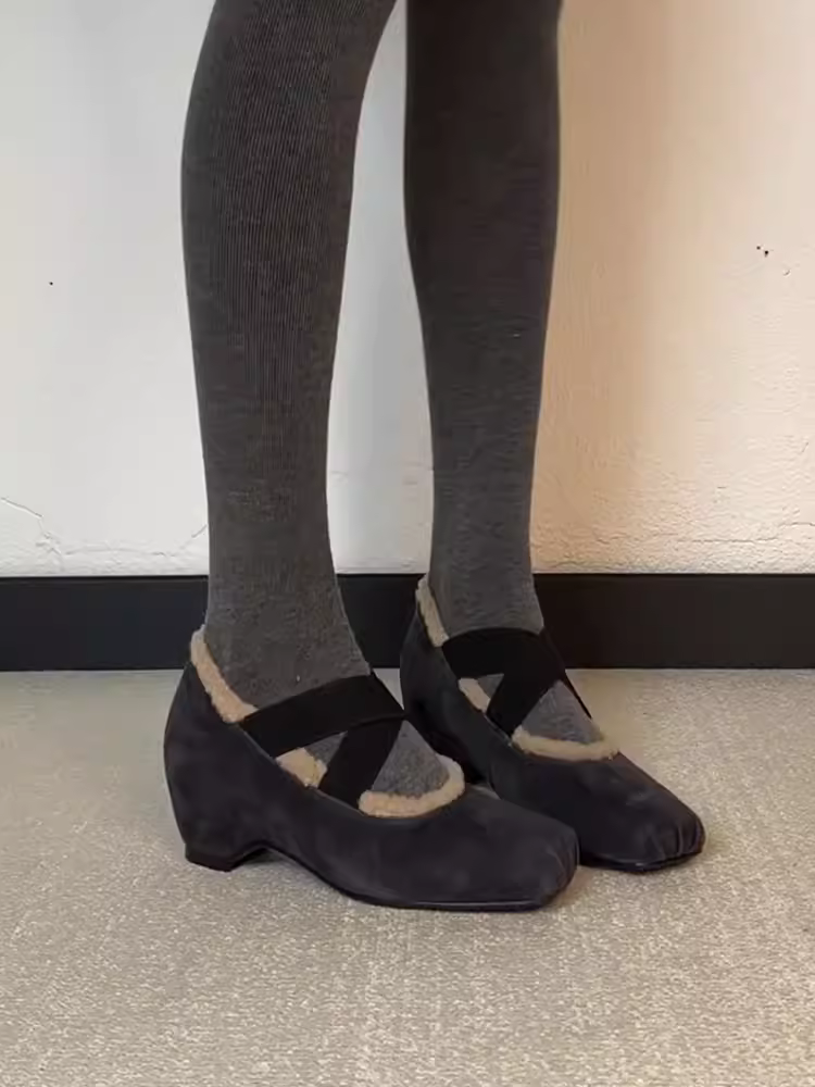 Phiên bản da cừu ~ Giày ba lê cao cấp đa năng có dây đeo chéo kiểu Pháp dành cho nữ với độ tăng chiều cao ẩn, lớp lót lông cừu giữ ấm, giày Mary Jane thời trang.