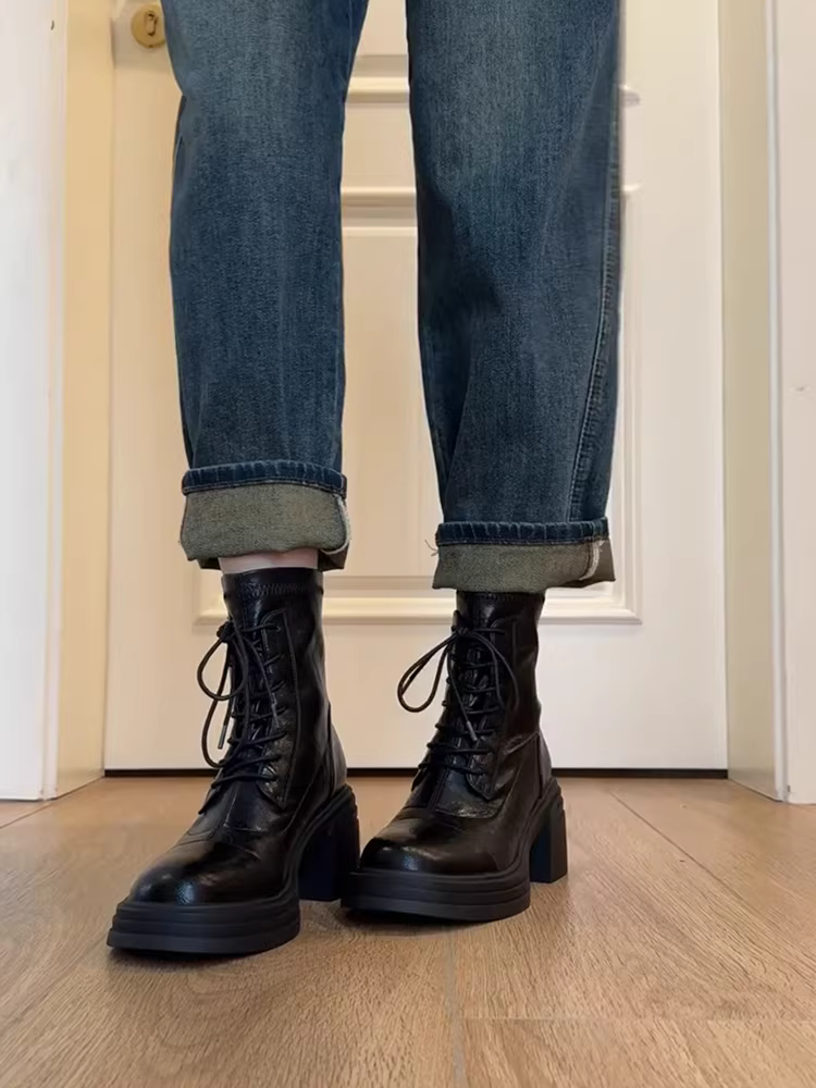 Phiên bản da bò ~ Giày bốt Martin đế dày cao gót đa năng, phong cách dành cho nữ, giày bốt ngắn có dây buộc bằng da thật không thấm nước có dây kéo bên hông