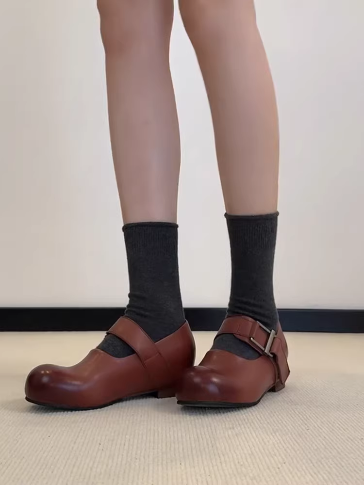 Phiên bản da cừu ~ Giày Mary Jane tăng chiều cao kiểu dáng độc đáo với mũi giày hình quả xoài, giày da thật phong cách retro dành cho nữ, thích hợp phối cùng váy.