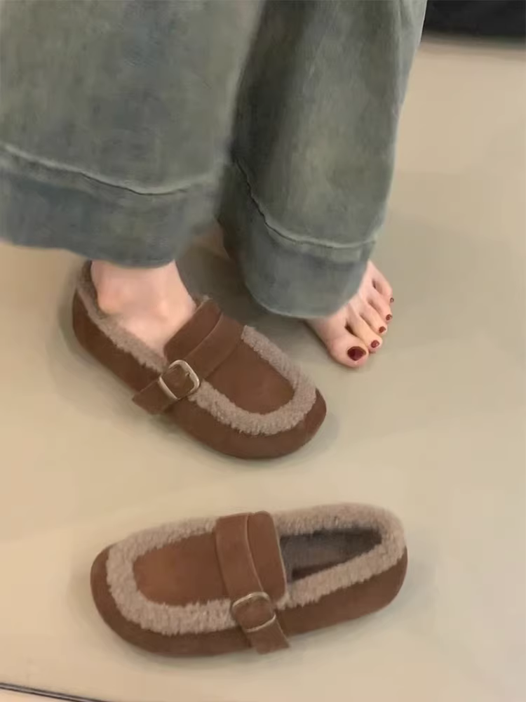 Phiên bản da cừu ~ Giày da thật có dây đeo khóa mùa đông lót lông cừu ấm áp bằng vải cotton dành cho nữ, giày đế bằng mũi tròn kiểu Birkenstock