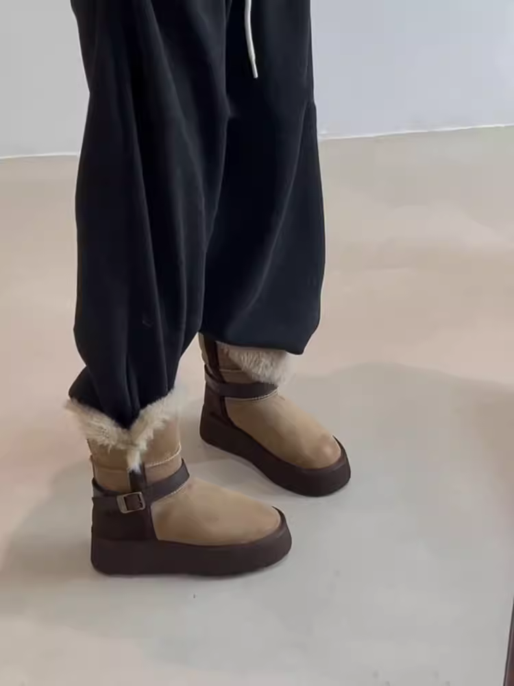 Phiên bản da bò ~ Giày bốt đi tuyết đế dày tăng chiều cao dành cho phụ nữ nhỏ nhắn, lót lông cừu, có thể mang hai kiểu, có khóa thắt lưng, bốt cotton ngắn chống trơn trượt