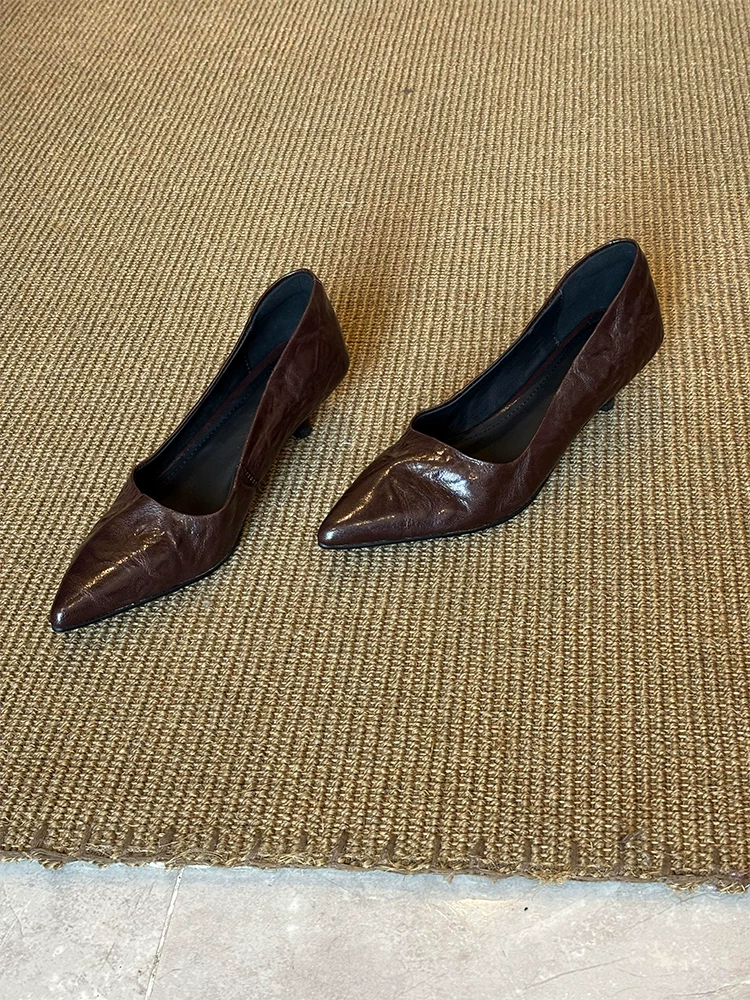 Phiên bản da cừu ~ Giày cao gót nông phong cách tối giản dành cho nữ, giày da thật kiểu dáng cổ điển thanh lịch, giày công sở chuyên nghiệp đi làm