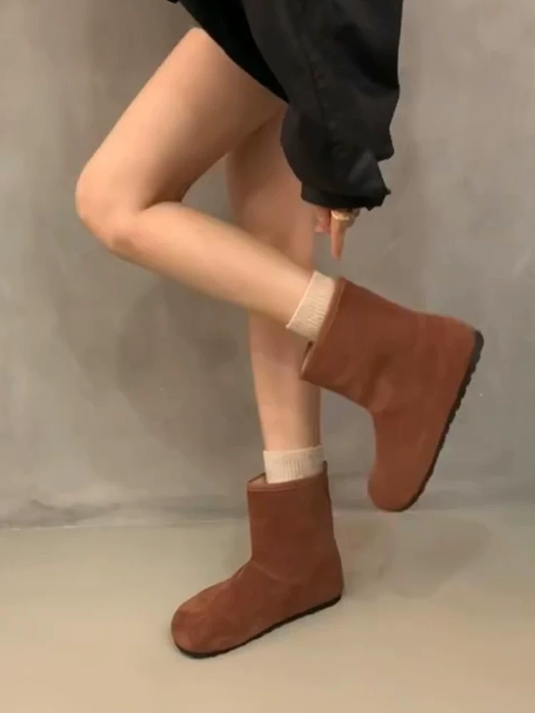Phiên bản da bò ~ Giày bốt cotton kiểu Birkenstock mũi tròn màu đỏ cổ điển thanh lịch dành cho nữ, giày bốt đi tuyết đế cao bằng da lộn đơn giản kiểu slip-on