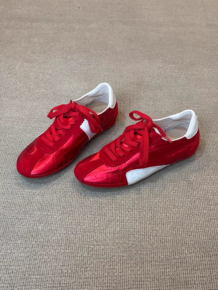 Phiên bản da cừu ~ Giày thể thao thông thường kiểu Pháp dành cho nữ, giày thể thao thời trang mũi tròn đế bằng có dây buộc đa năng