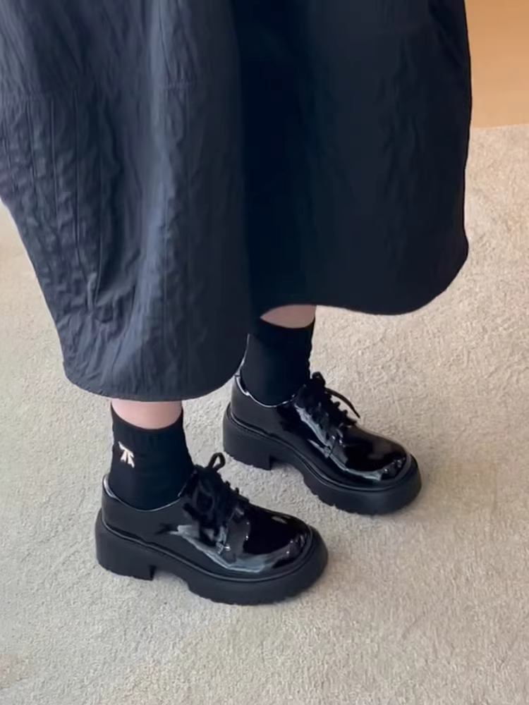 Phiên bản da cừu~ Giày derby đế dày bằng da sáng chế kiểu Anh dành cho nữ, giày da mũi rộng đa năng kiểu Nhật Bản, giày lười buộc dây