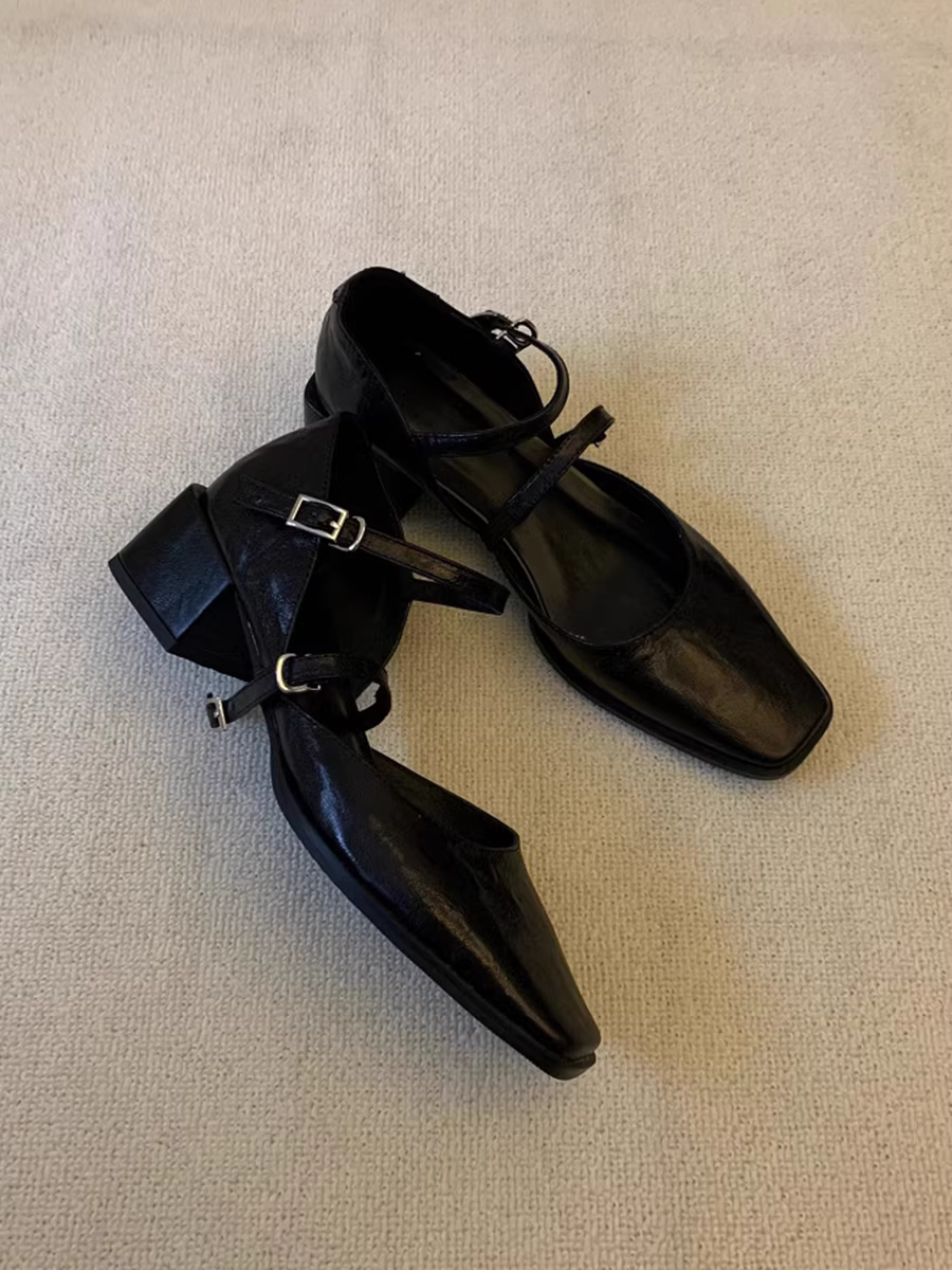 Phiên bản da cừu ~ Giày Mary Jane quai đơn bằng da thật xếp ly cổ điển có gót dày rỗng dành cho nữ, giày mũi kín có gót vừa phải