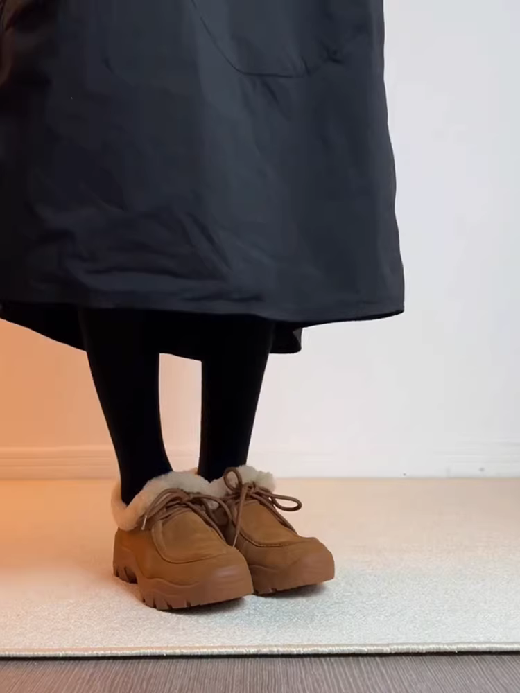 Phiên bản da cừu ~ Giày lông cừu đế dày bằng da lộn thời trang mùa đông dành cho nữ, giày lười đi làm đơn giản có dây buộc lót lông cừu