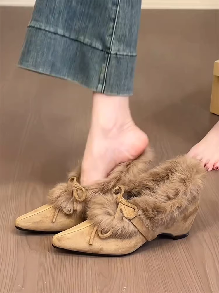 Phiên bản da cừu ~ Giày Mary Jane kiểu Pháp nhẹ nhàng có nơ, giày đơn lót lông cừu tăng chiều cao bên trong bằng da lộn thanh lịch dành cho nữ