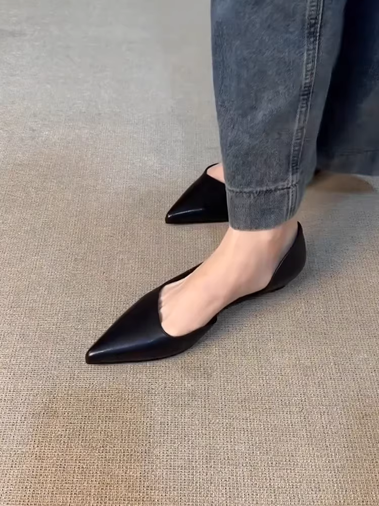 Phiên bản da cừu ~ Giày lười da thật đơn giản, hở hai bên, gót thấp, mũi nhọn, thanh lịch và đa năng khi đi làm và đi làm.
