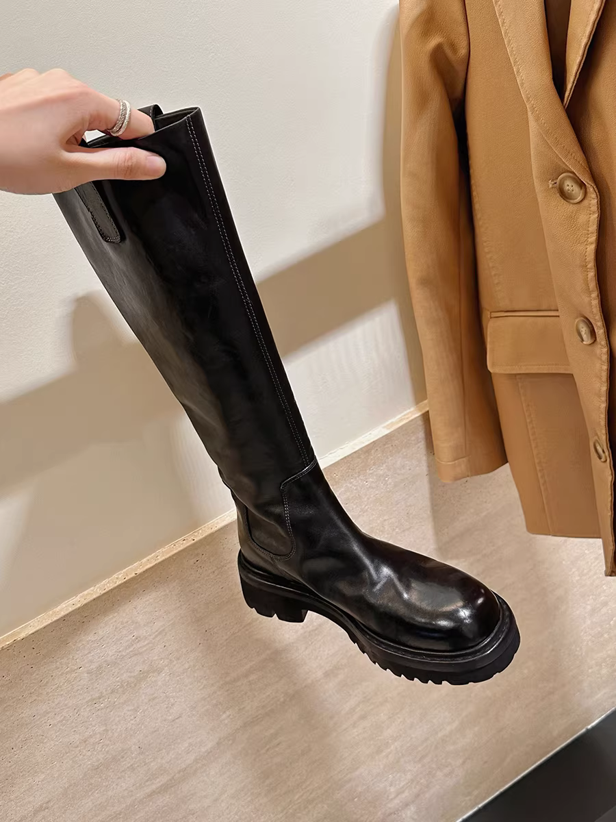Phiên bản da bò~ Giày bốt hiệp sĩ cao cổ kiểu Anh cổ điển, mũi tròn, đế dày, gót thô, dài qua đầu gối, có khóa kéo phía sau dành cho nữ