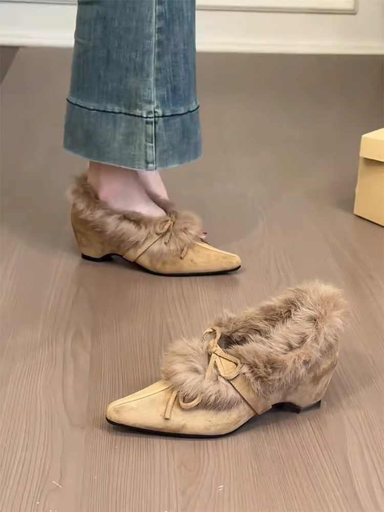 Phiên bản da cừu ~ Giày Mary Jane kiểu Pháp nhẹ nhàng có nơ, giày đơn lót lông cừu tăng chiều cao bên trong bằng da lộn thanh lịch dành cho nữ