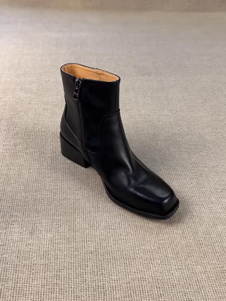Phiên bản da bò ~ Giày Chelsea cổ điển, phong cách và sành điệu dành cho nữ với mũi vuông, khóa kéo bên hông, da thật, phong cách Anh đơn giản, giày bốt ngắn đa năng
