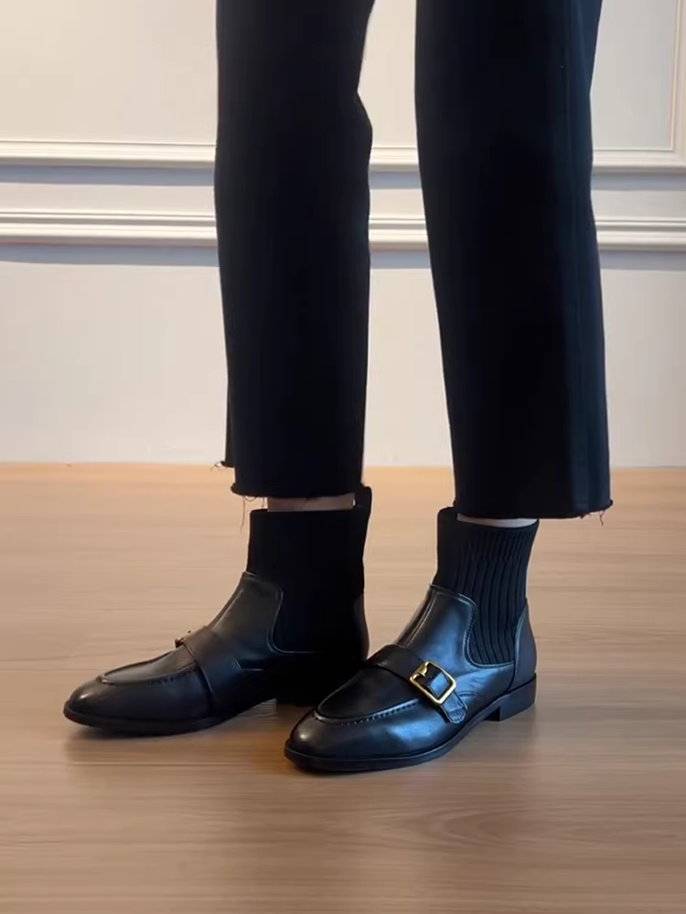 Phiên bản da bò ~ Giày bốt đế thấp có khóa da thật phong cách Anh Pháp dành cho nữ, giày bốt cổ ngắn co giãn kiểu dáng ôm dáng đi làm