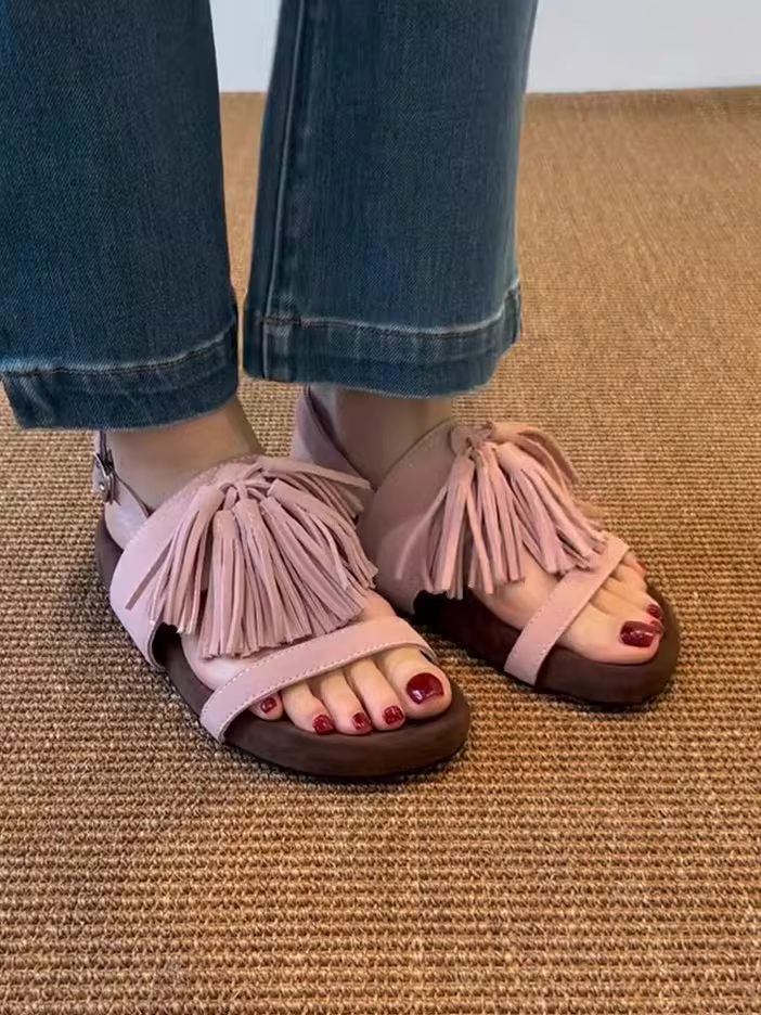 Phiên bản da cừu ~ dép quai ngang da thật đế mềm phong cách retro thời thượng, đế dày siêu mềm, kiểu Birkenstock đi ngoài trời