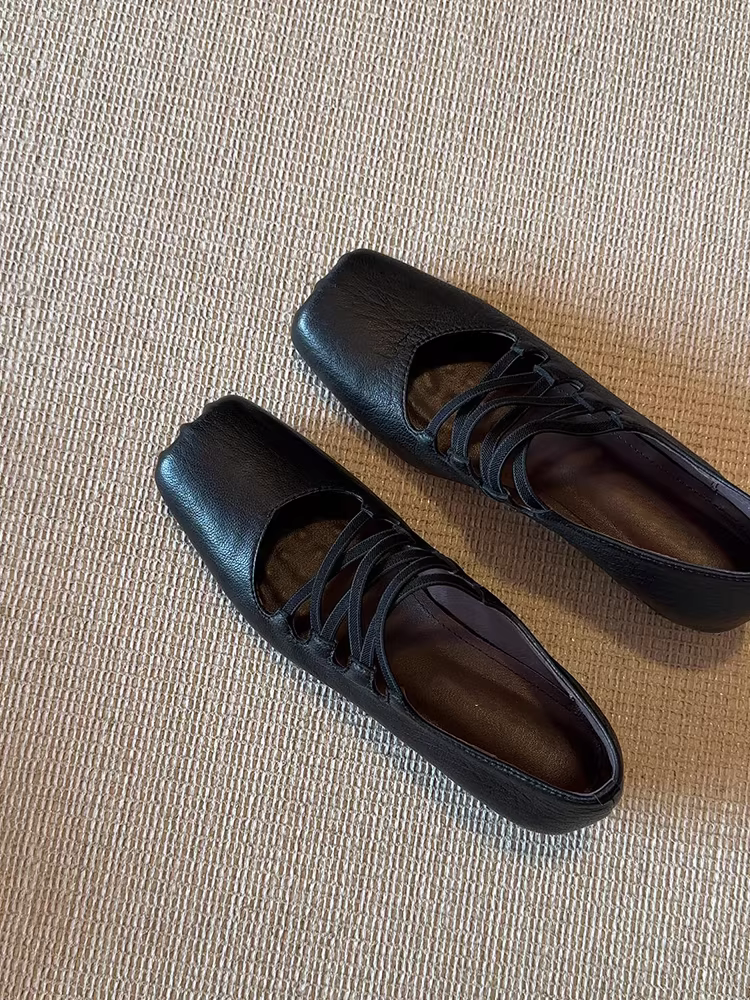 Phiên bản da cừu ~ Giày ba lê da thật đế mềm, tăng chiều cao dành cho nữ, kiểu mũi lợn cổ điển, giày Mary Jane quai chéo độc đáo.