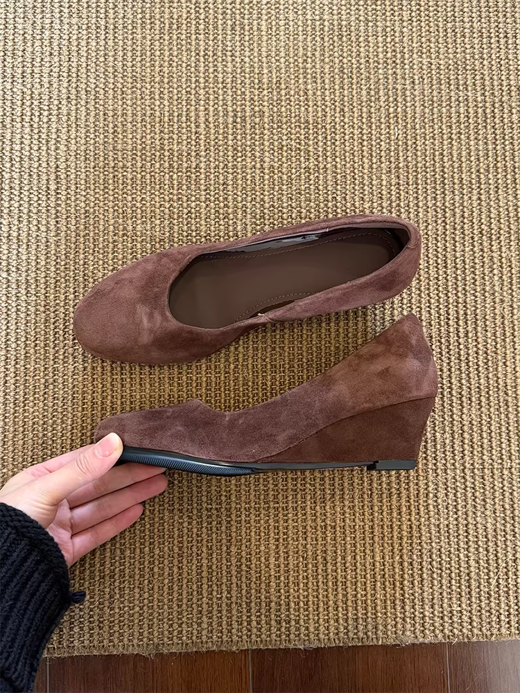 Phiên bản da cừu ~ Giày da lộn cổ điển tối giản dành cho nữ, giày cao gót đế xuồng thanh lịch, mũi tròn nông, giày đi làm hàng ngày thời trang