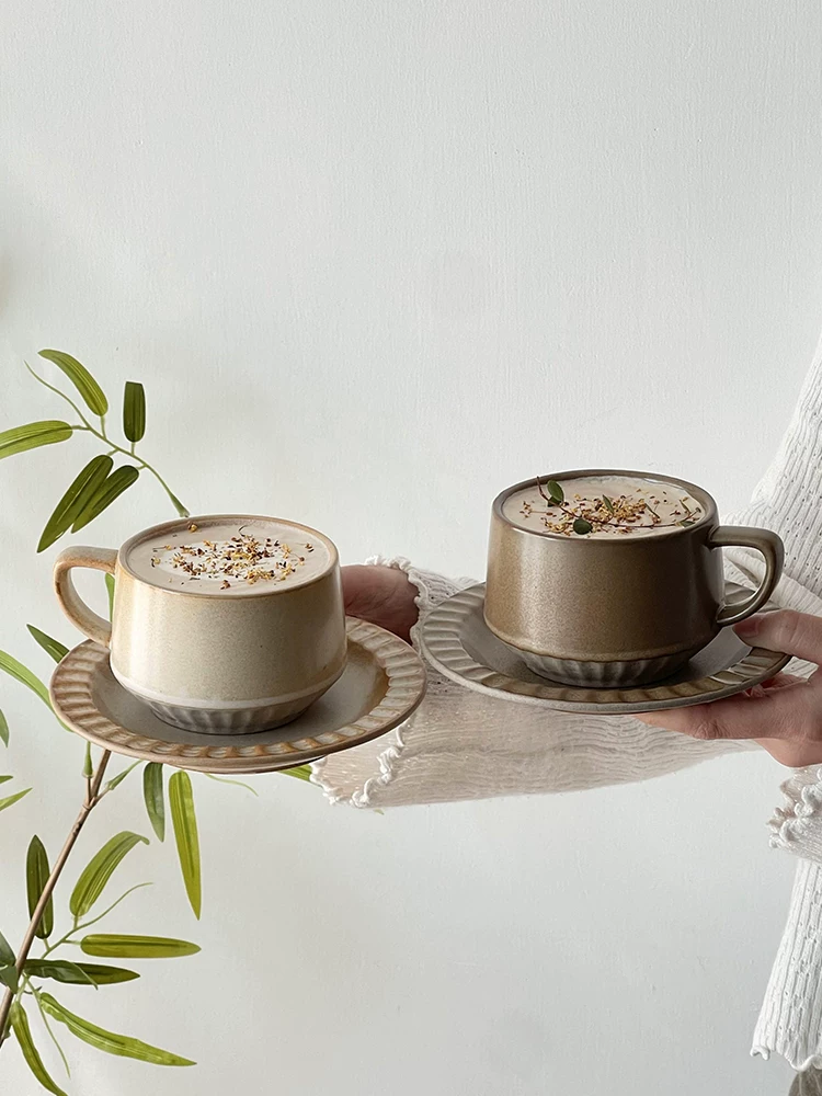 Bộ cốc cà phê và đĩa sứ phong cách retro Nhật Bản, cốc sáng tạo, cốc latte, cốc nghệ thuật latte, cốc trà cổ điển, cốc nước.