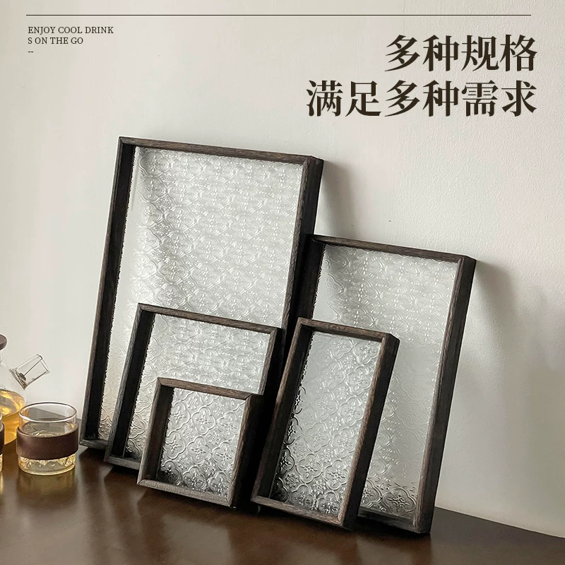 Khay kính hoa Begonia cổ điển hình chữ nhật màu óc chó, khay đựng đồ ăn nhẹ bằng gỗ gia dụng, khay trà