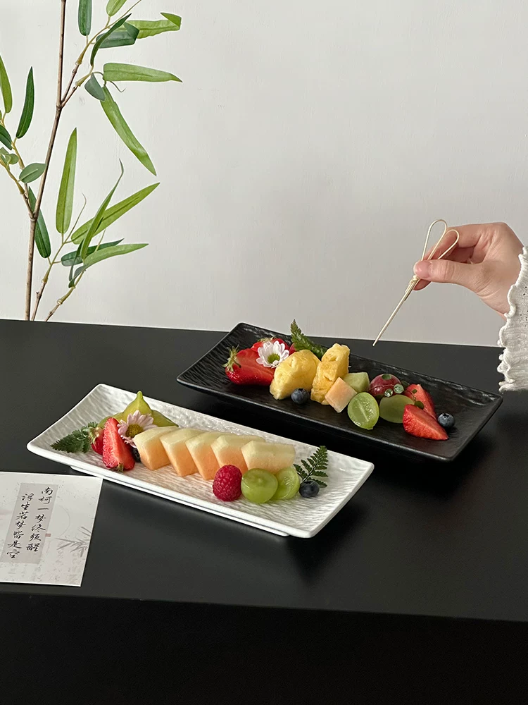 Đĩa nông hình chữ nhật họa tiết đá phong cách Trung Hoa, đĩa trái cây trà chiều tinh tế, đĩa tráng miệng, đồ dùng gốm sứ.