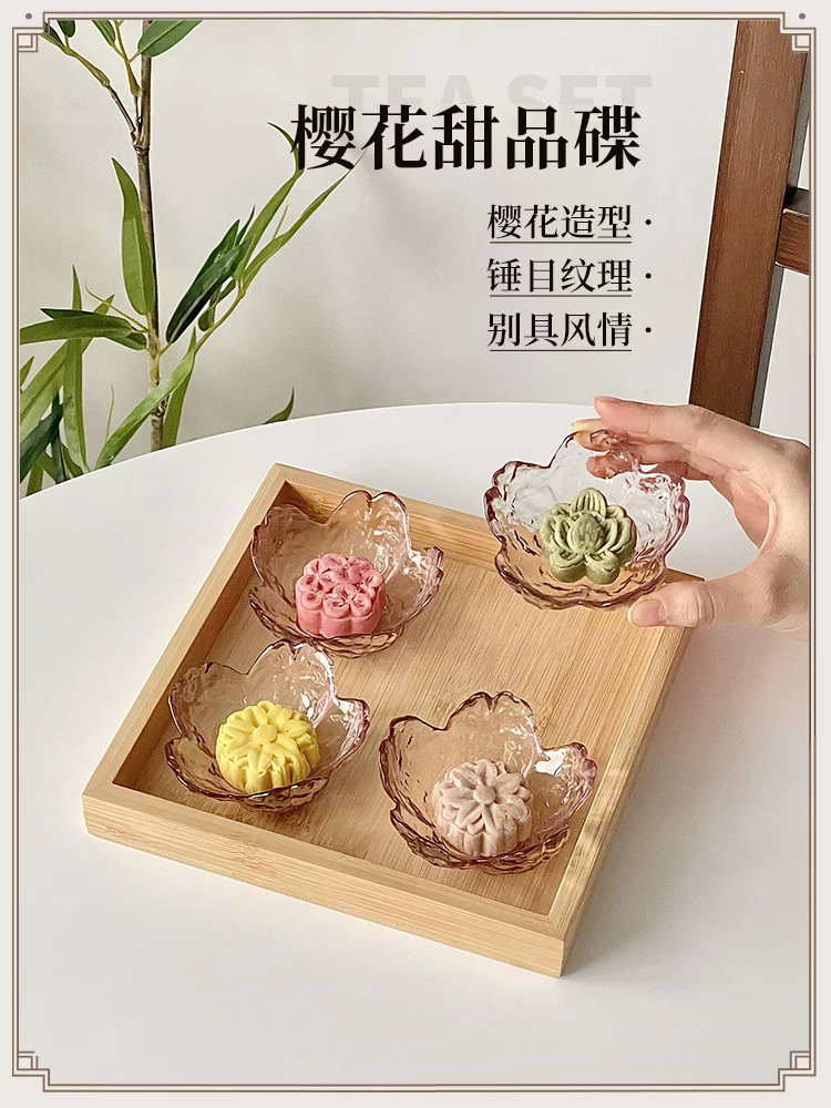 Đĩa tráng miệng hoa anh đào kiểu Nhật, đĩa nhỏ bằng thủy tinh rèn, đĩa ăn nhẹ trà chiều tinh tế, khay trà bánh ngọt, bát nhỏ.