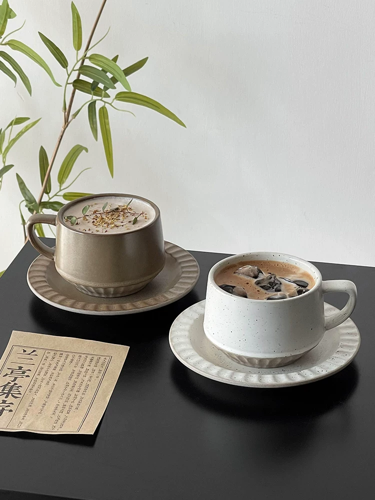 Bộ cốc cà phê và đĩa sứ phong cách retro Nhật Bản, cốc sáng tạo, cốc latte, cốc nghệ thuật latte, cốc trà cổ điển, cốc nước.