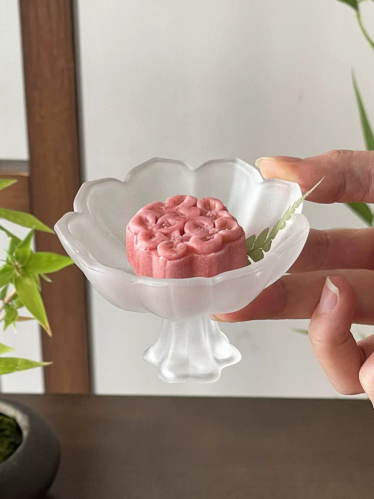 Khay trà cao kiểu Trung Quốc, khay bánh ngọt thủy tinh mờ họa tiết sen, khay đựng đồ ăn nhẹ buổi chiều, khay tinh xảo, đĩa nhỏ đựng tráng miệng.