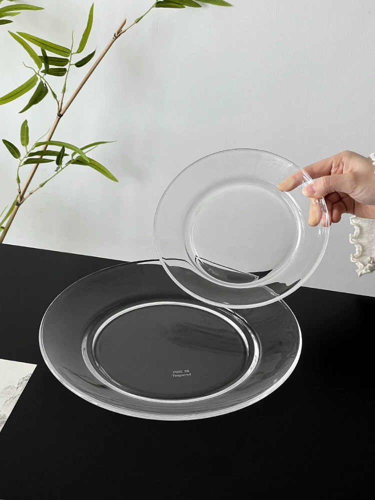 Đĩa thủy tinh trong suốt kiểu Trung Quốc, đĩa đựng đồ ăn nhẹ đơn giản, đĩa tráng miệng trà chiều tinh tế, đĩa đựng trái cây, đĩa sáng tạo.