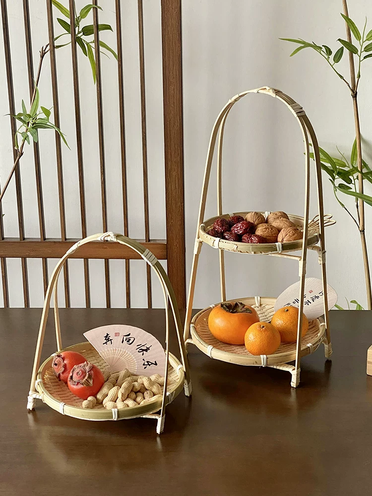 Giỏ tre nhỏ thủ công dùng trong nhà, khay đựng đồ ăn nhẹ và bánh ngọt kiểu Trung Quốc, giỏ đựng trái cây, giỏ đan bằng tre, giỏ hai tầng, đồ dùng bàn ăn sáng tạo.