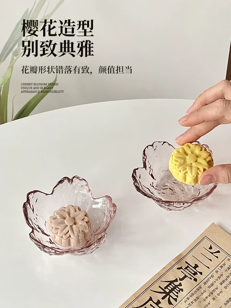 Đĩa tráng miệng hoa anh đào kiểu Nhật, đĩa nhỏ bằng thủy tinh rèn, đĩa ăn nhẹ trà chiều tinh tế, khay trà bánh ngọt, bát nhỏ.