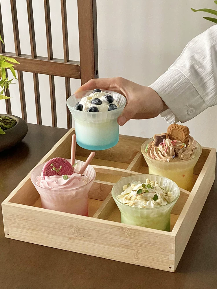 Cốc tráng miệng họa tiết mây nhiều màu sắc, cốc thủy tinh miệng rộng, cốc kem nhiều màu sắc, bát kem sữa chua sáng tạo.