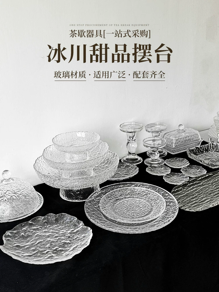 Đĩa thủy tinh trong suốt trưng bày món tráng miệng, trang trí bàn trà, đĩa đựng đồ ăn nhẹ, đĩa trái cây, khay trà chiều
