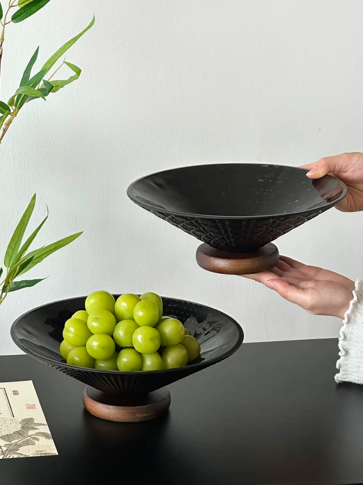 Đĩa trái cây phong cách cổ điển màu đen mờ, đĩa trái cây để bàn cà phê, đĩa đựng đồ ăn nhẹ, đĩa kiểu Trung Quốc mới có giá trị thẩm mỹ cao, đĩa trái cây thủy tinh kiểu retro.