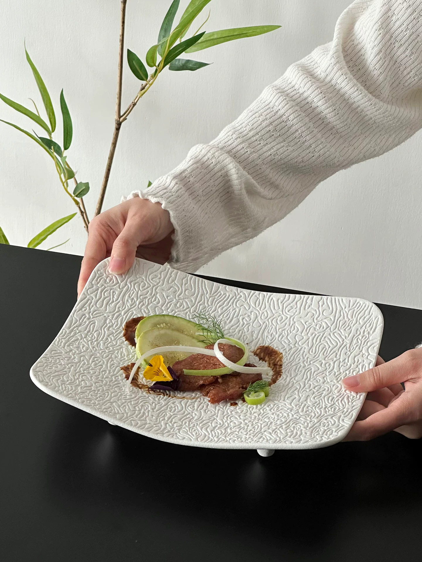 Đĩa hình chữ nhật cổ điển, đĩa sứ tinh tế và đẹp mắt, đĩa ăn kiểu Tây cao cấp, đĩa steak đơn giản.