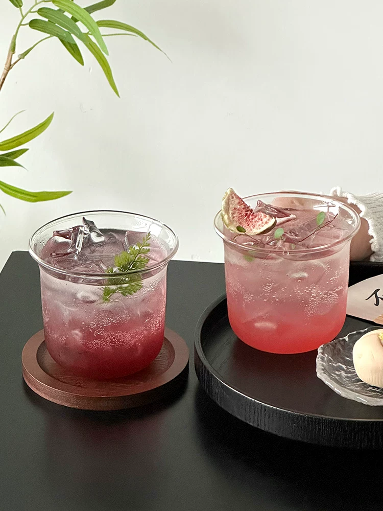 Cốc thủy tinh trong suốt miệng rộng đơn giản có đế lót, cốc cà phê Americano đá, cốc latte, cốc cocktail, cốc nước, cốc đồ uống lạnh.