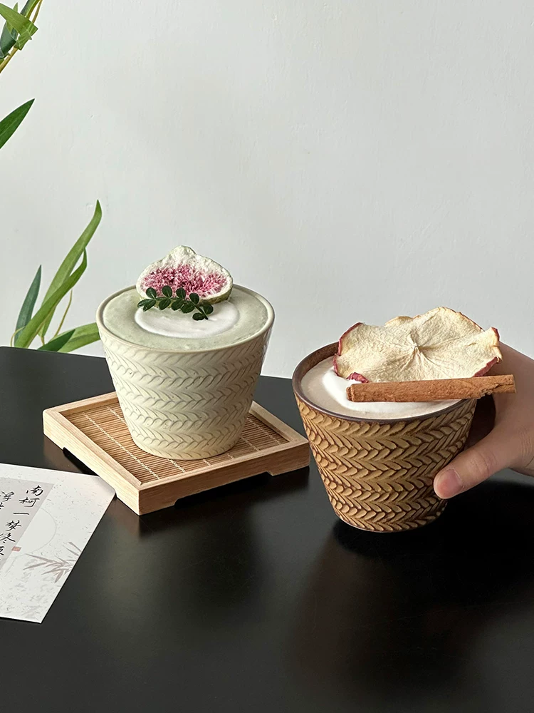 Cốc miệng lợn bằng gốm sứ hoa văn lúa mì nổi phong cách cổ điển Trung Quốc, cốc cà phê tinh tế, cốc nghệ thuật latte, cốc trà, cốc bắt tay, cốc nước.