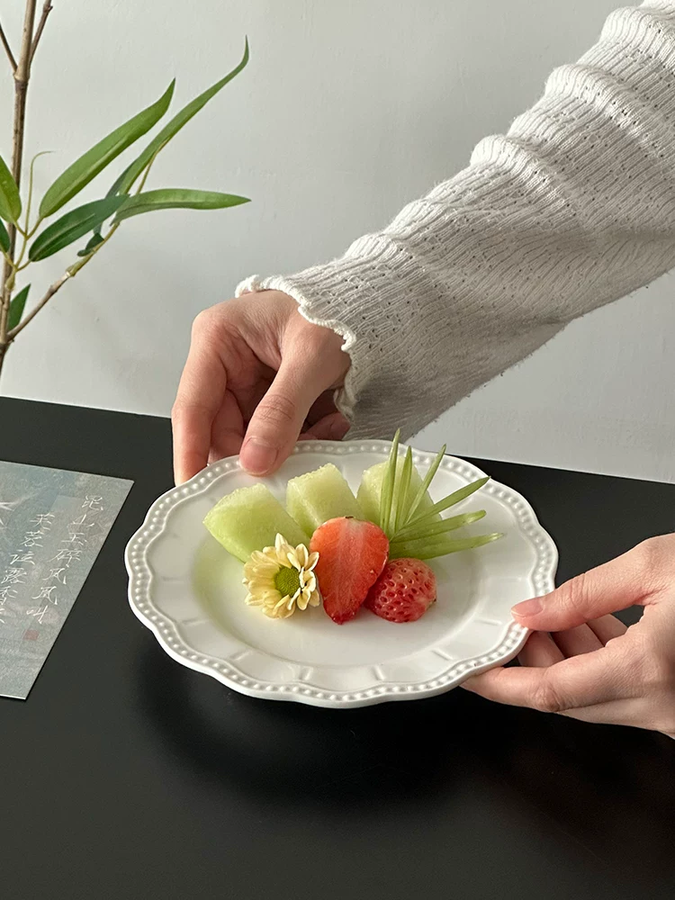 Đĩa phẳng đơn giản, đĩa trái cây tinh tế, đĩa tráng miệng cao cấp cho trà chiều, đĩa bánh ngọt, đĩa viền ren, đĩa ăn.