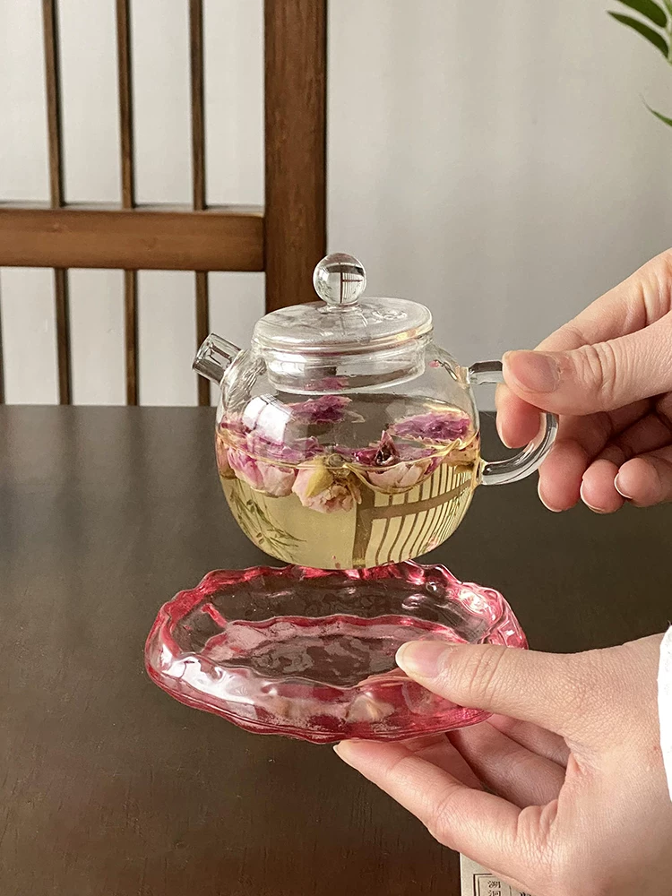 Bộ ấm trà Kung Fu màu hồng, chất liệu thủy tinh borosilicate cao cấp, ấm trà nhỏ, tách trà và đĩa lót, tách trà dùng cho một người, tách nếm trà.