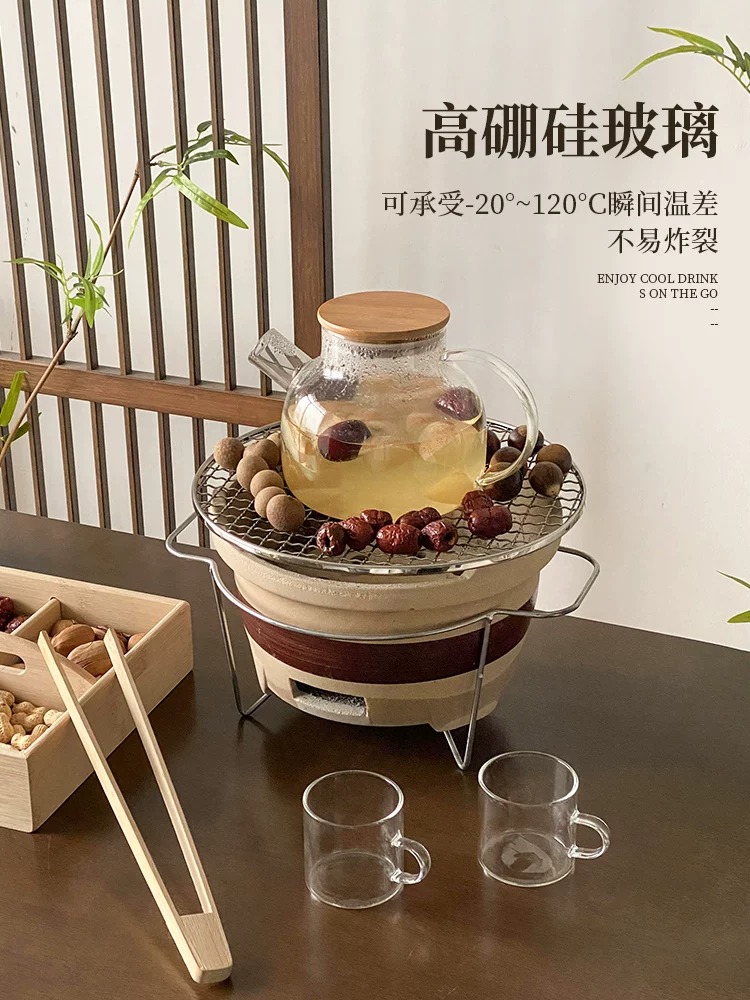 Bộ dụng cụ pha trà với ấm trà thủy tinh borosilicate cao cấp dùng được trên lửa trần, chén trà hoa, ấm pha trà, ấm đun nước, và bếp than.