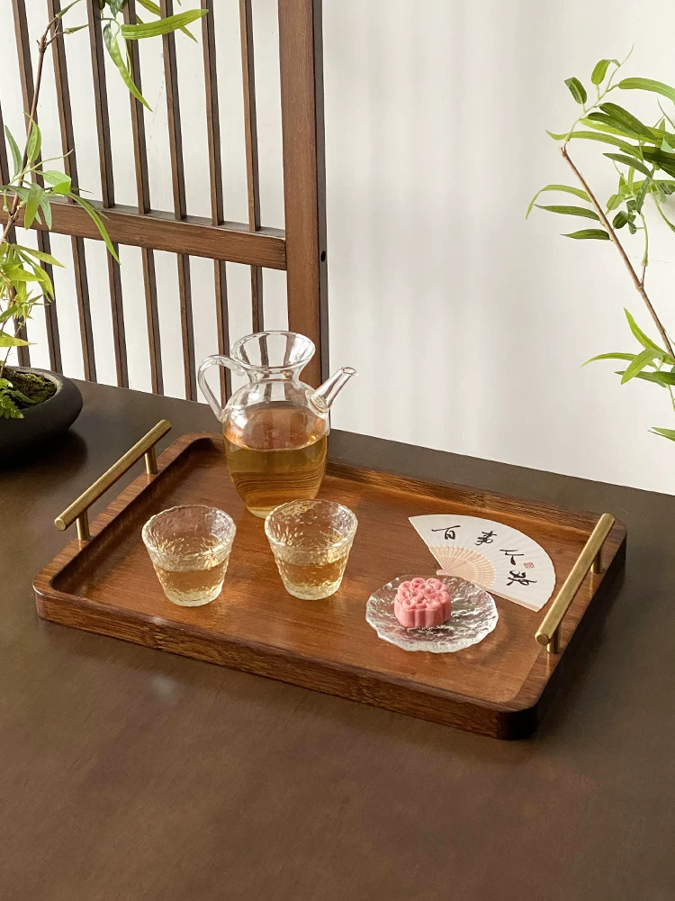 Khay trà kiểu Trung Quốc mới có tay cầm dùng trong nhà, khay gỗ hình chữ nhật đựng chén trà, khay đựng đồ ăn nhẹ buổi chiều, khay trưng bày.