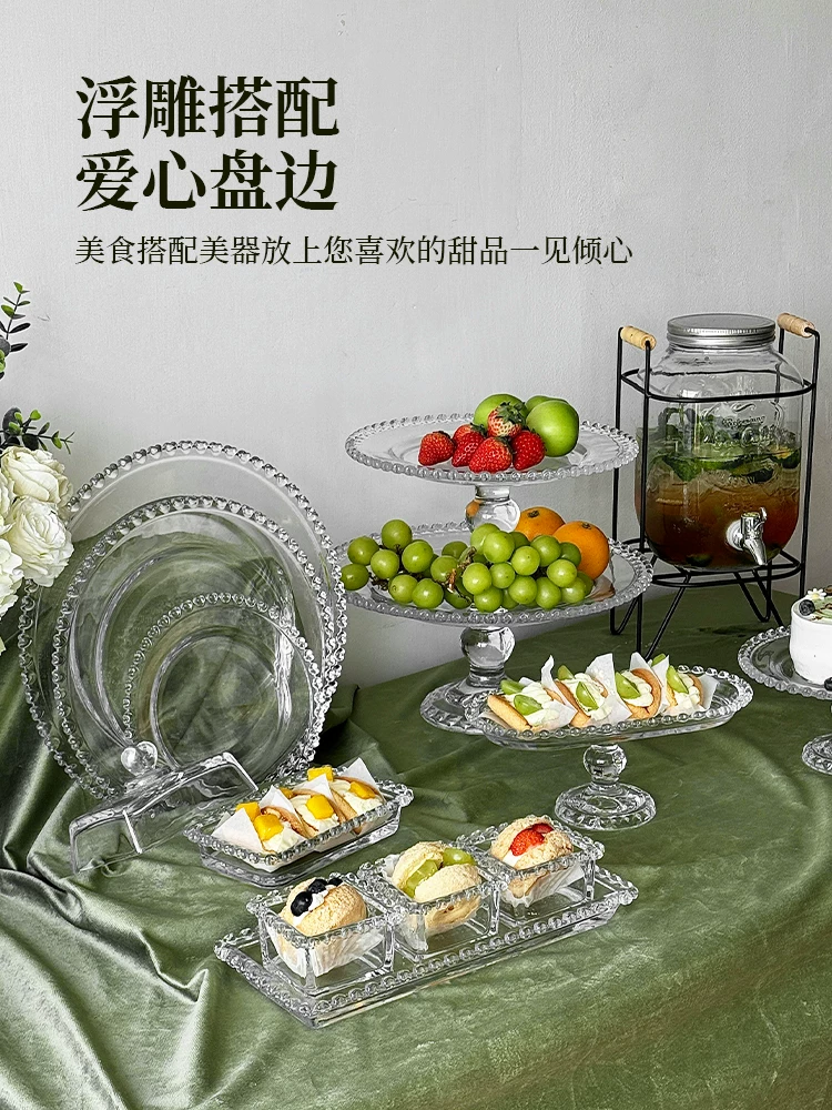 Đĩa thủy tinh hình trái tim trang trí bàn trà, khay trưng bày bánh ngọt cao, đĩa đựng đồ ăn nhẹ buổi chiều